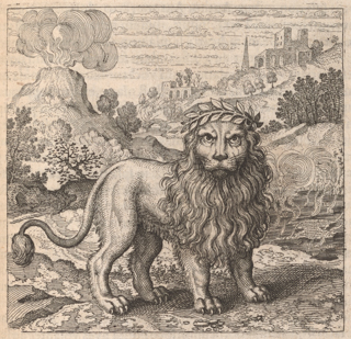 A bearded lion wearing a laurel wreath is standing in a steamy bog. Behind him is a volcano emitting smoke and a house on a hill.