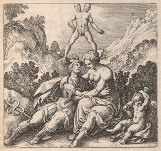 A man in classical clothing, identified as Mercury, is embracing a woman in classical clothing, identified as Venus, while a nude child, understood as Cupid, sits next to them. Above them is a hermaphrodite standing astride two mountains.