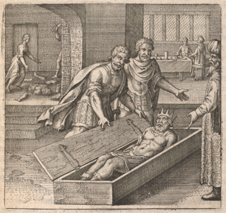 Inside a house, a bearded man in classical clothing wearing a crown is lying in a coffin while two men in classical clothing and a man in eastern clothing are looking on. Behind them is a woman in early modern clothing standing next to a man holding a sword and dismembering another man’s body.
