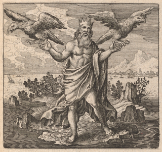 A bearded man draped in cloth wearing a crown, understood as Jove, is holding in each hand an eagle with spread wings on a small island in the middle of a lake.