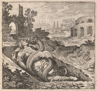 In a grave a dragon with wings is embracing a dying woman. Around them are ruins, including a round stone building.