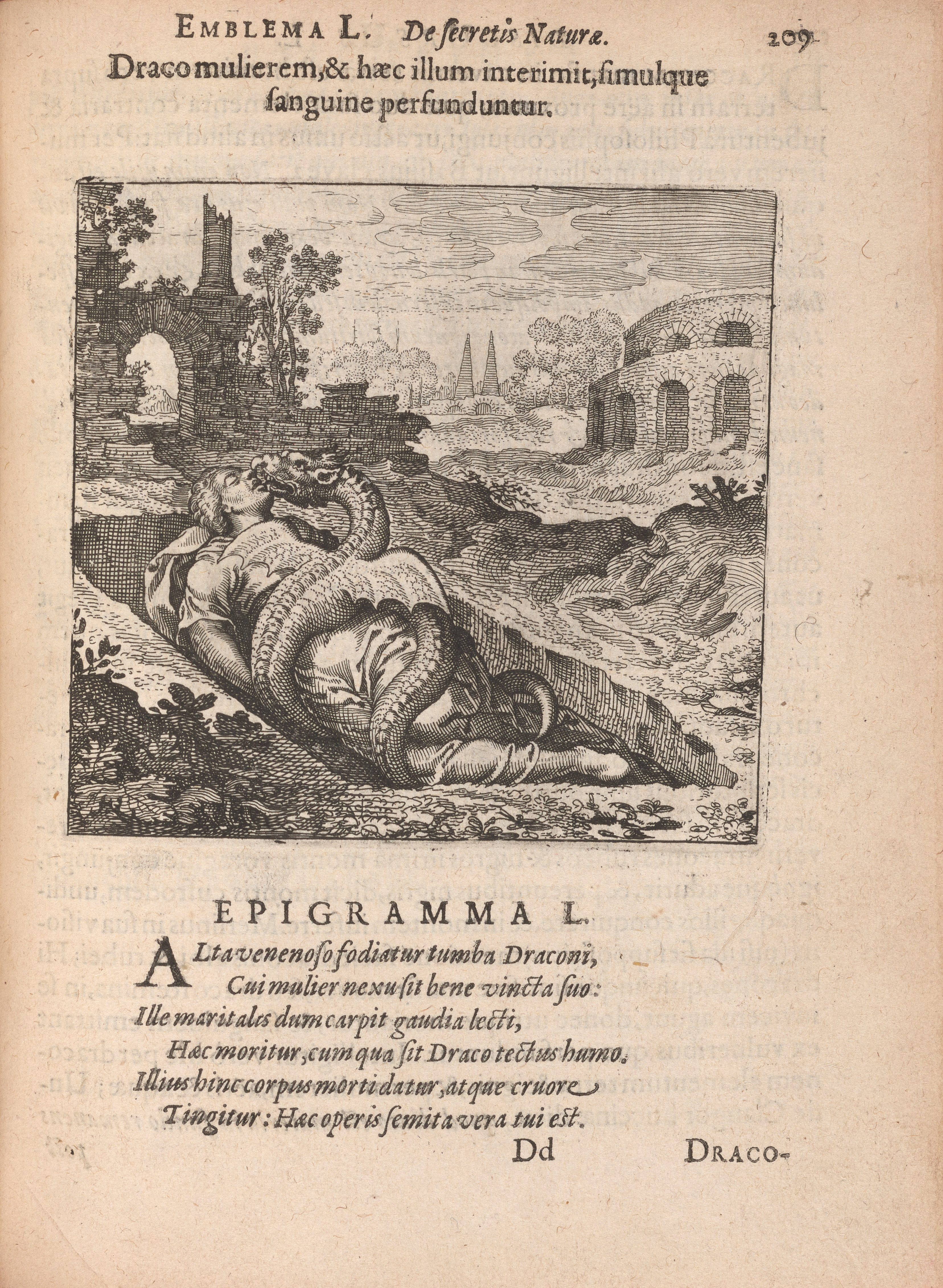 The second page of emblem 50, which shows a motto and epigram in Latin and an image. In the image, a dragon with wings is embracing a dying woman in a grave. Around them are ruins, including a round stone building.