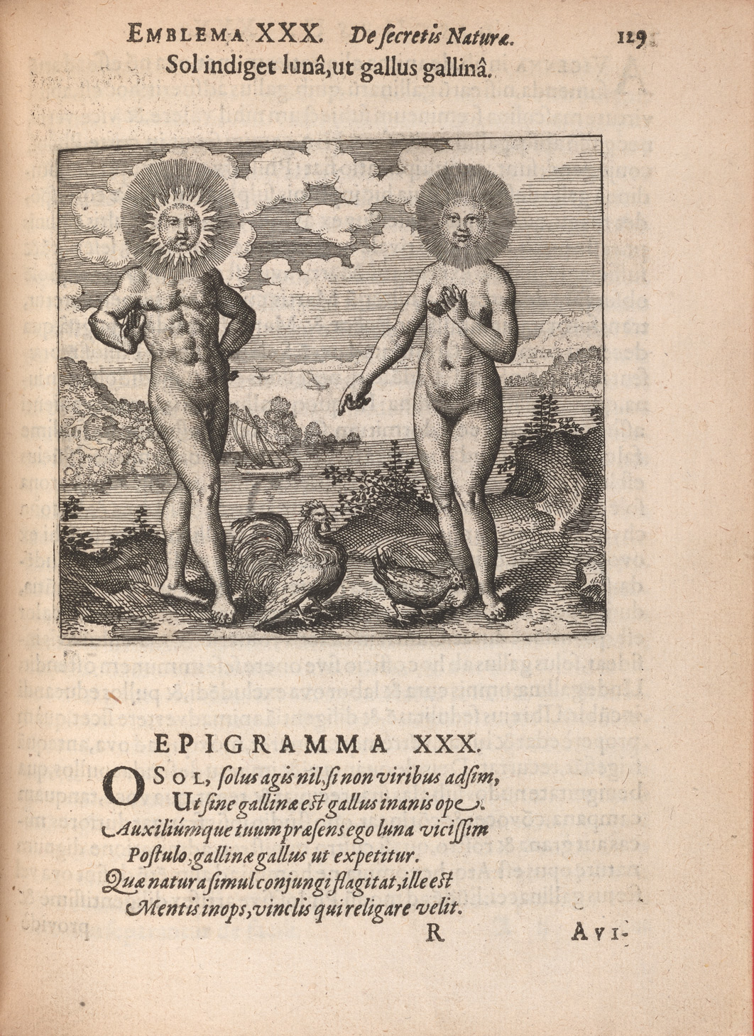 The second page of emblem 30 in Atalanta fugiens, which shows a motto and epigram in Latin and an image. The image shows a nude man with a sun for a head, identified as Sol, is standing next to a nude woman with a moon for a head, identified as Luna. She is pointing to the two chickens that are at their feet. Behind them are boats on a river.