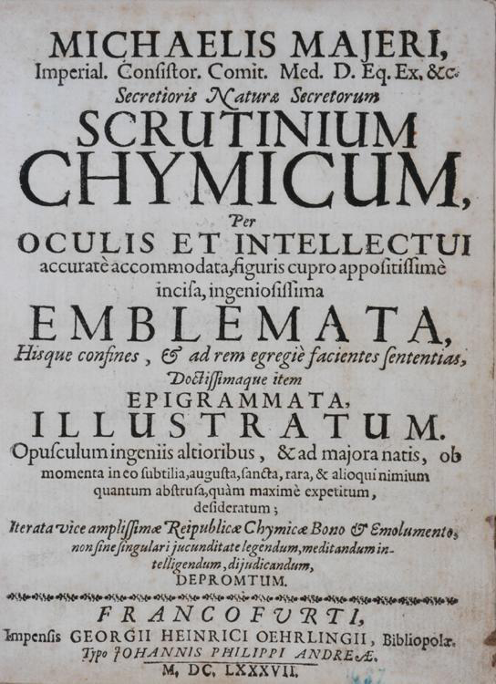 The unillustrated title page from the 1687 edition of Atalanta fugiens, written in Latin.