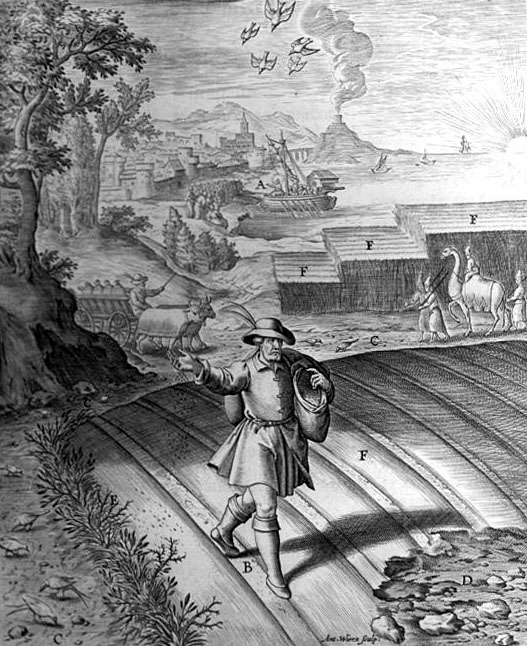 An etching, titled The Parable of the Sower, that depicts a farmer tossing seeds from a sack over his shoulder as he walks across rows of plowed farmland. In the distance, past a town beside a river, a plume of smoke curls toward the sky.