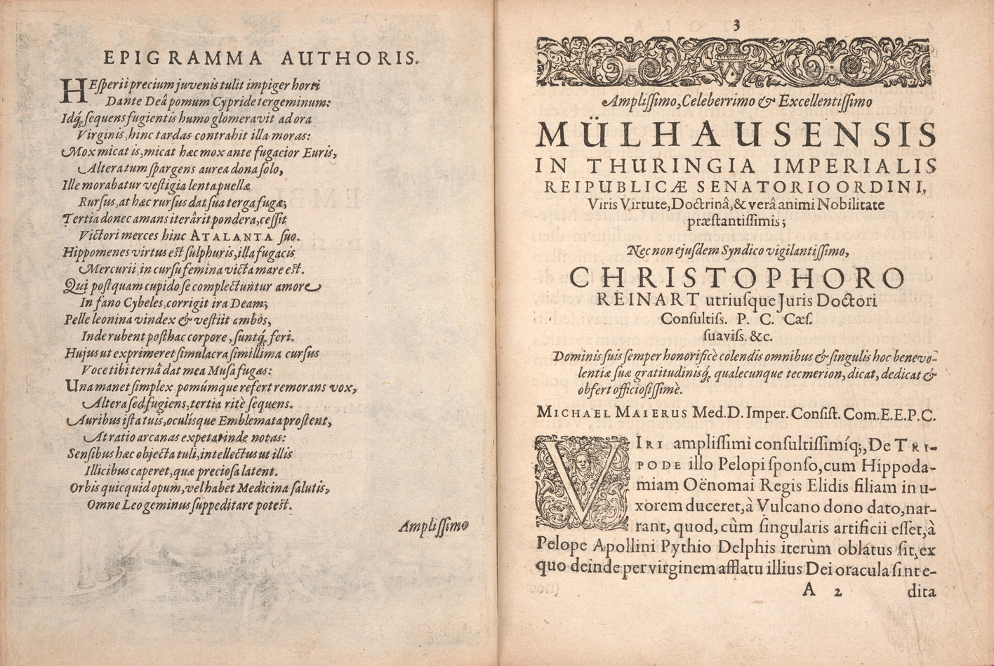 A two-page spread of the author’s epigram and dedication pages from the front matter of Atalanta fugiens.