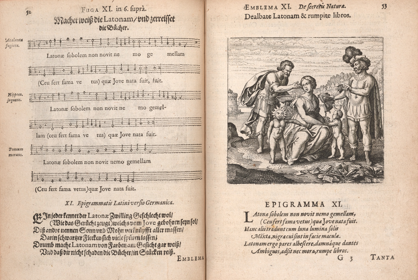 A two page spread of the first and second pages of emblem 11 from Atalanta fugiens, which show a motto and epigram in German along with a fugue, and a motto and epigram in Latin along with an image, respectively.
