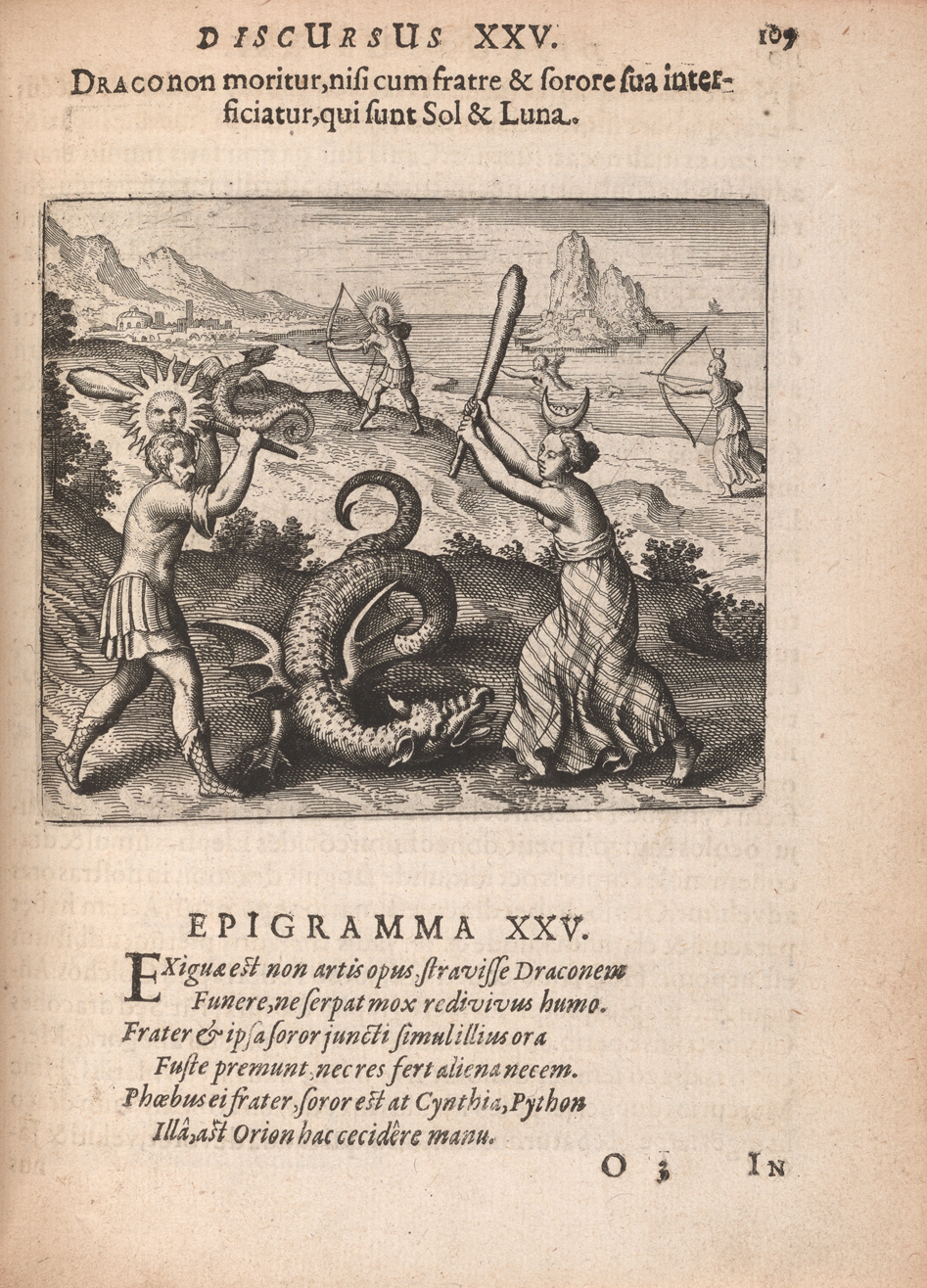 The second page of emblem 25 from Atalanta fugiens shows a motto and epigram in Latin and an image. In the foreground of the image, a man with a sun on his head, identified as Sol, and a woman with a crescent moon on her head, identified as Luna, are holding clubs and attacking a dragon with wings. Behind them Sol and Luna, are holding bows and arrows and running toward a dragon with wings.
