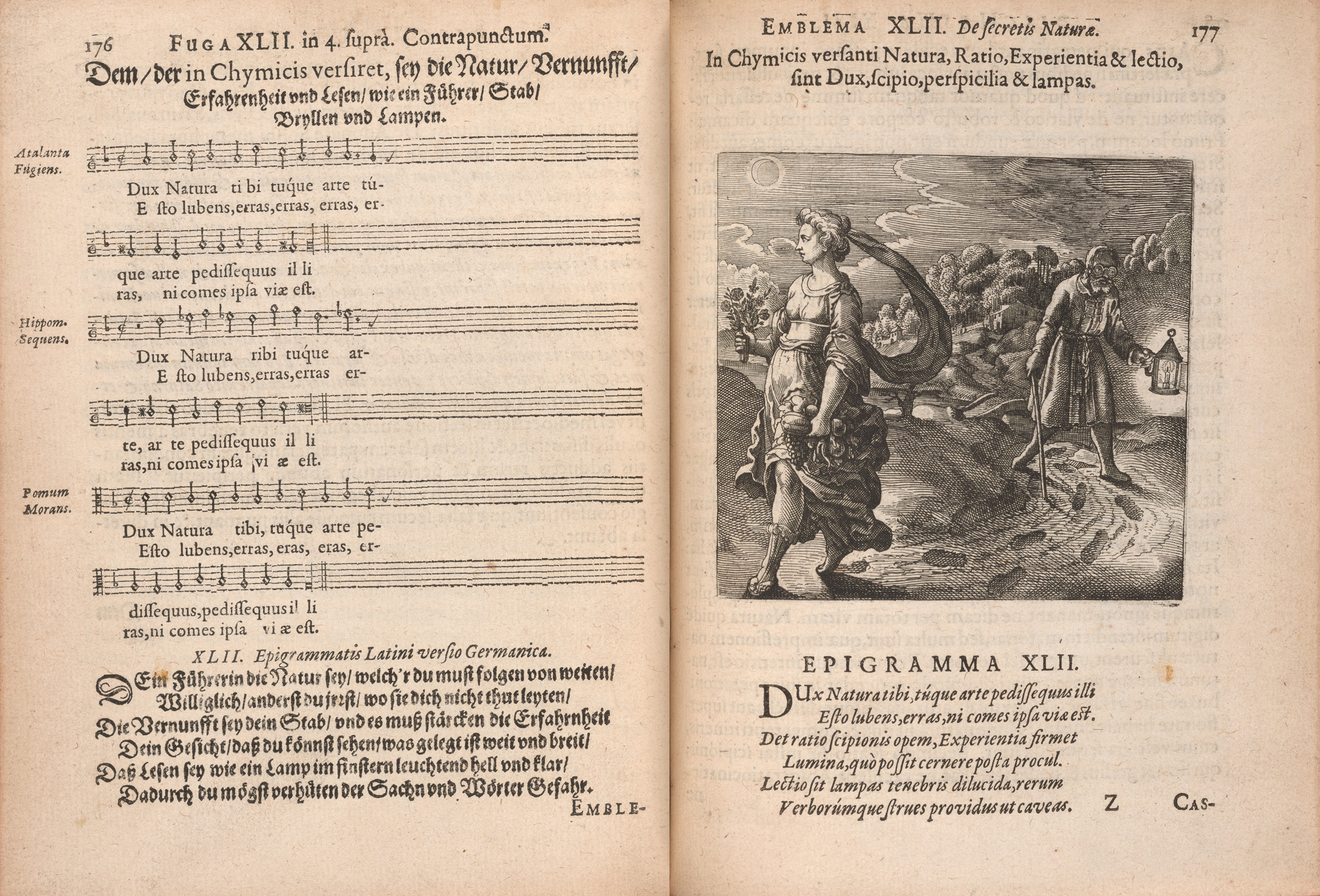 A two-page spread of emblem 42 from Atalanta fugiens consists of musical notation and a German translation of the epigram on the left-hand page and a Latin motto, etching, and Latin version of the epigram on the right-hand side. In the emblem, a bearded man wearing spectacles and holding a lantern and staff is following in the footprints of a woman in classical clothing holding a cornucopia and bouquet during an eclipse.