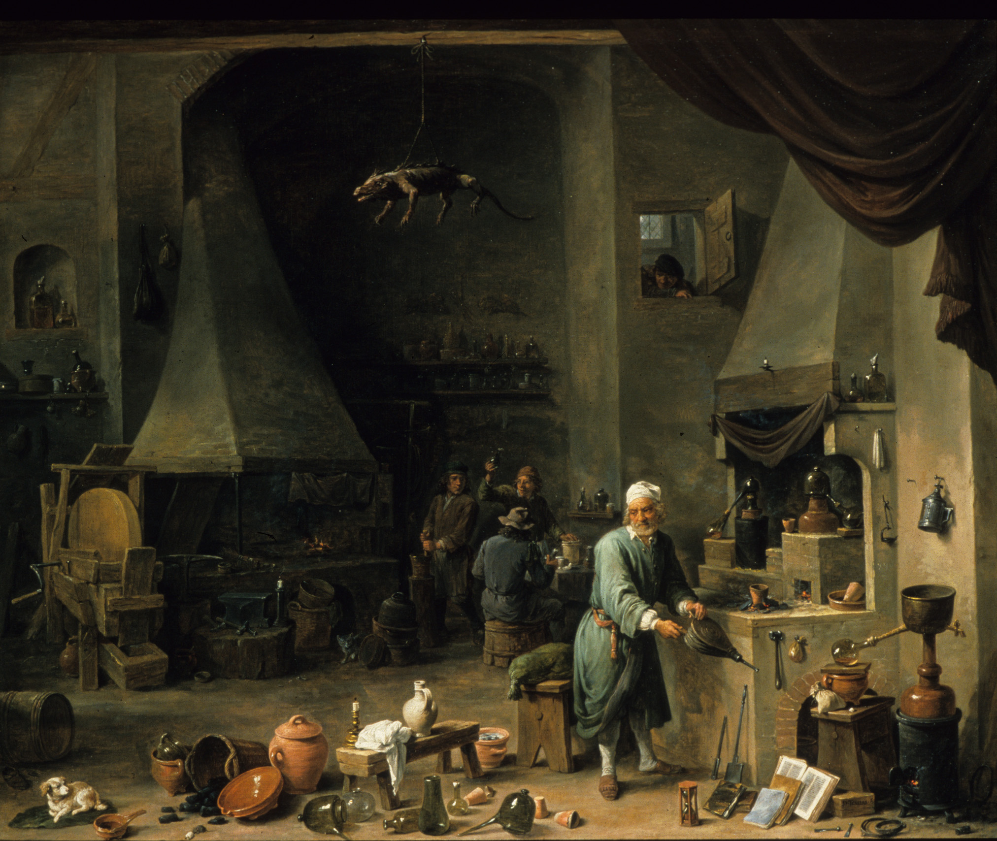 David Teniers the Younger’s painting The Alchemist in His Laboratory depicts an alchemist billowing the flames of his stove; the floor of his workspace is littered with empty vessels.