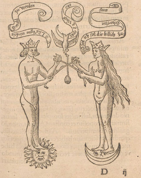 A manuscript page from Rosarium philosophorum (Rose Garden of the Philosophers) depicts the marriage of Sol and Luna: a crowned man stands on a sun and crosses flowers with a crowned woman who stands on a moon. A dove swoops down from above with a flower of its own.