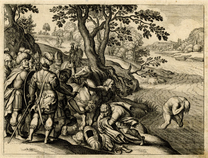 A biblical illustration from Icones Biblicae depicts servants and soldiers on shore, who watch over Naaman’s armor as he bathes; the background depicts earlier stages in the story as Naaman walks with his servant toward the river.