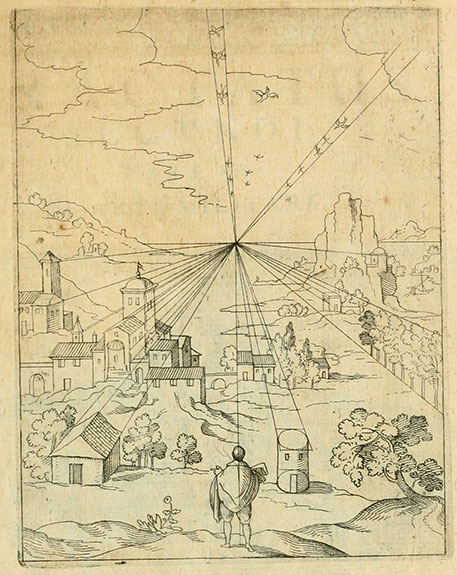 An illustration of a “Demonstration of perspective” that depicts an artist-surveyor before a landscape that includes several buildings, rocky outcroppings, and an open sky. Overlaid these natural and manmade features are lines that converge on a single, central point: where the artist-surveyor is looking.