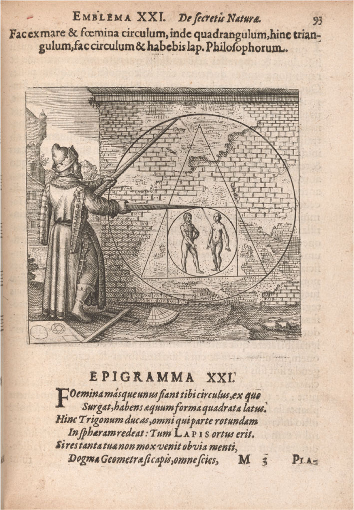 The second page of emblem 21 from Atalanta fugiens shows a motto and epigram in Latin and an image. In the image, a bearded man in eastern clothing, represented as Hermes Trismegistus, is holding a compass and pointing to a brick wall with a t-square and quadrant at his feet. On the brick wall there is a drawing of a nude man and woman inside a circle inside a square inside a triangle inside a circle.