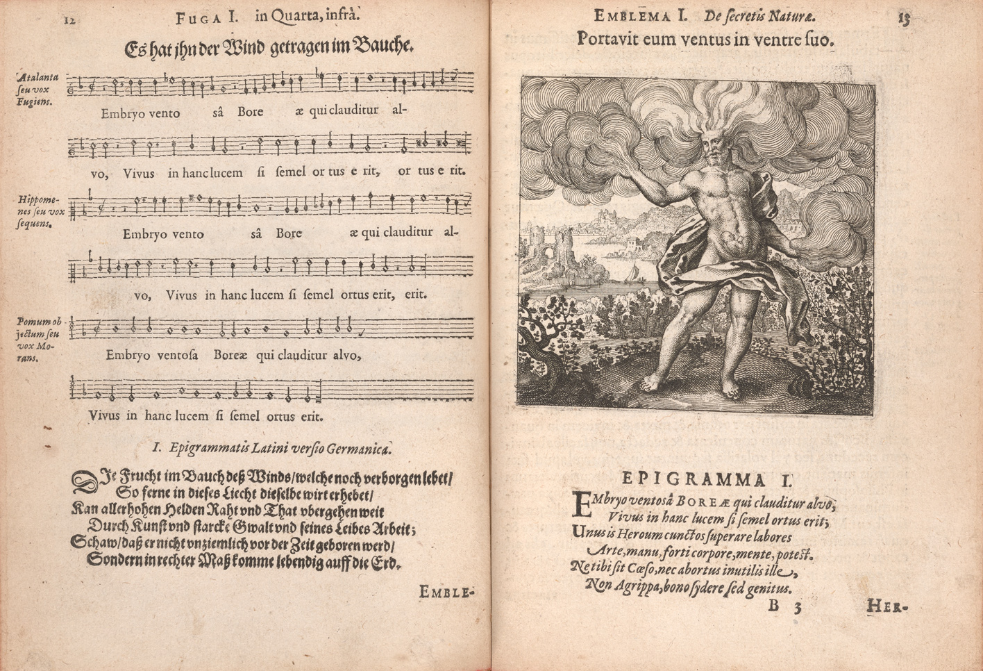 A two-page spread of emblem 1 from Atalanta fugiens consists of musical notation and a German translation of the epigram on the left-hand page and a Latin motto, etching, and Latin version of the epigram on the right-hand side. In the emblem, a bearded nude man, identified as Boreas, with wind gusts extending from his head and arms, has a fetus inside his stomach. He is standing amongst bushes with a river and cityscape in the background.