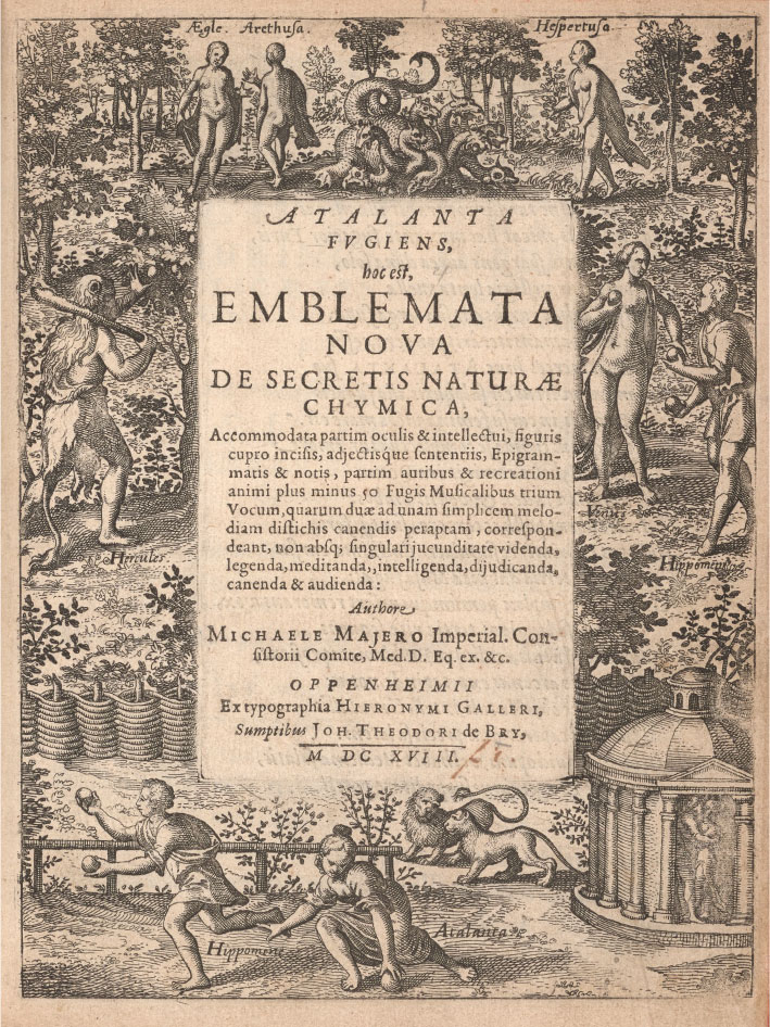 The frontispiece, or first illustrated page, of Atalanta fugiens that contains a short introductory text surrounded by multiple scenes from the myth of Atalanta and Hippomenes. These include the Garden of the Hesperides, which includes Aegle, Arethusa, a many-headed dragon, understood as Ladon, and Hespertusa; Hercules stealing apples; Venus giving apples to Hippomenes; the race between Hippomenes and Atalanta; the consummation of their love; and their transformation into lions.