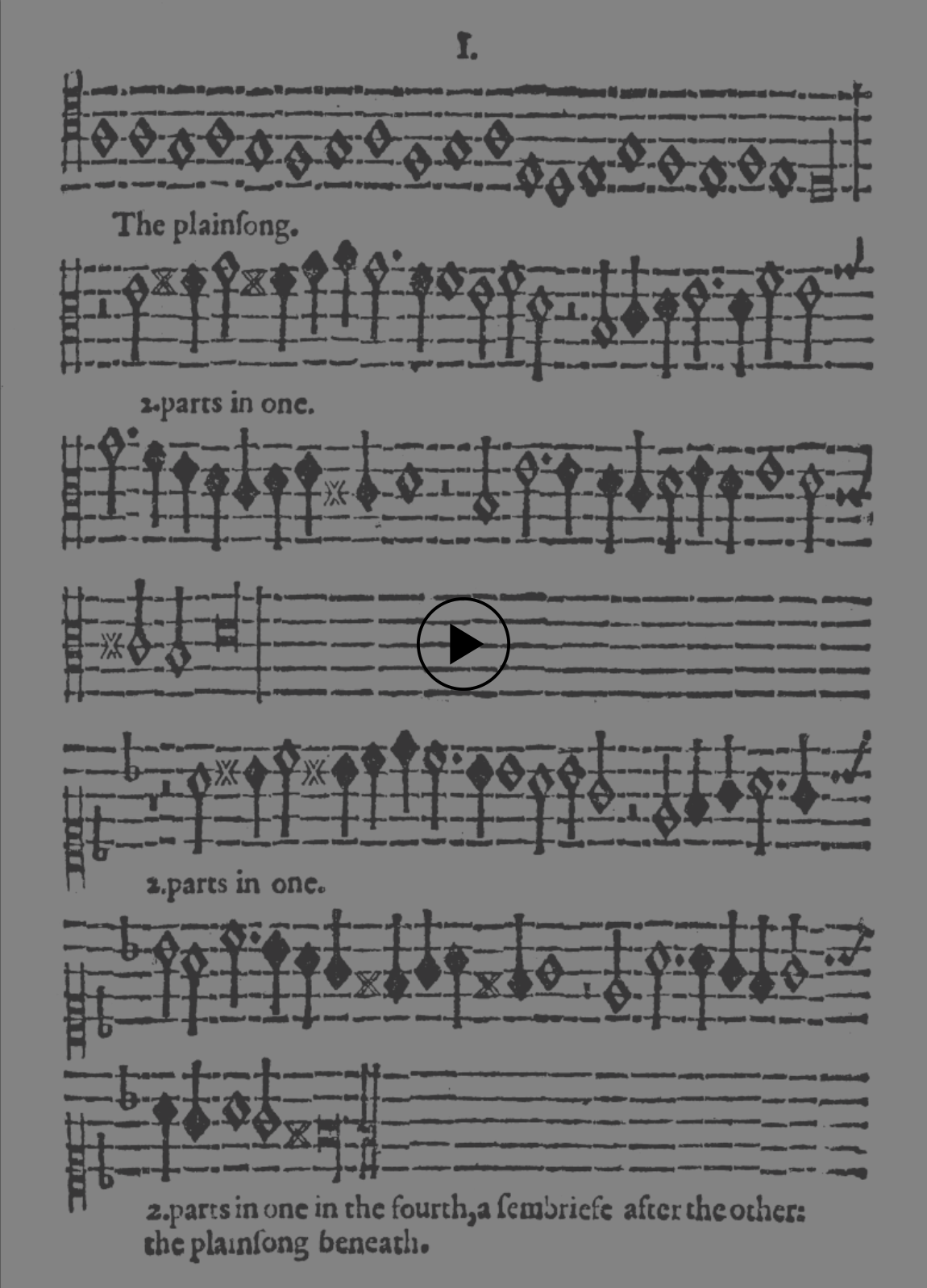 Poster for a video that displays a static manuscript page of musical notation for canon 1 while playing the canon itself.